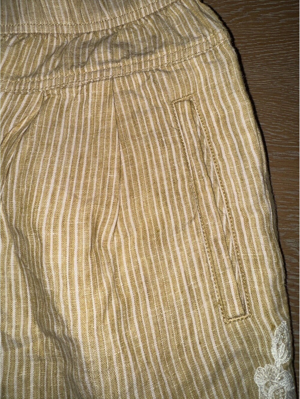 Anthropologie Linen Yellow Striped Pants 26.5" Embroidered SIZE XS Beach Summer - Picture 5 of 8